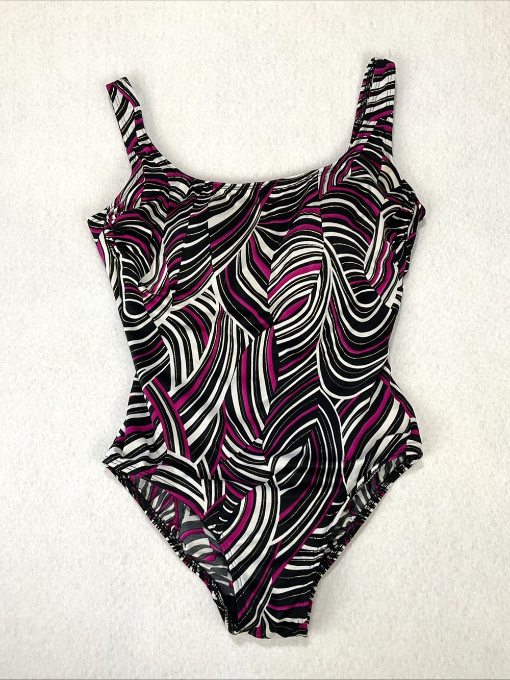 Longitude Vintage 90s One-Piece Swimsuit Black Pink Metallic Gold Size 14